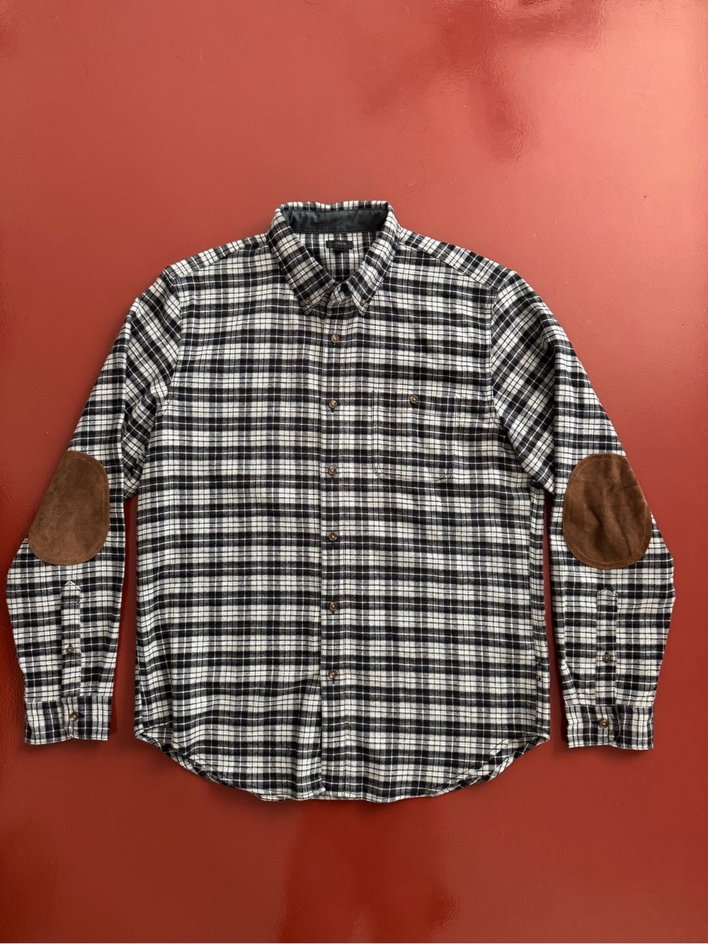 J. Crew Black & White Plaid Button-Up Shirt with Brown Elbow Patches